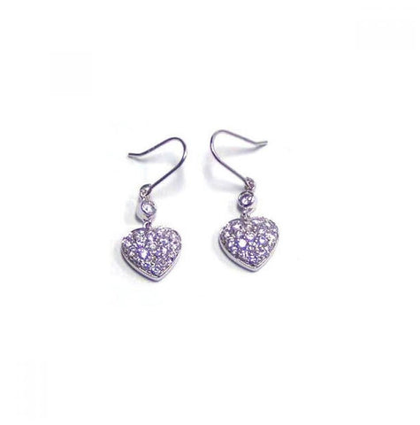 .925 Sterling Silver Rhodium Plated Purple Cz Heart Shape Dangling Hook Earring