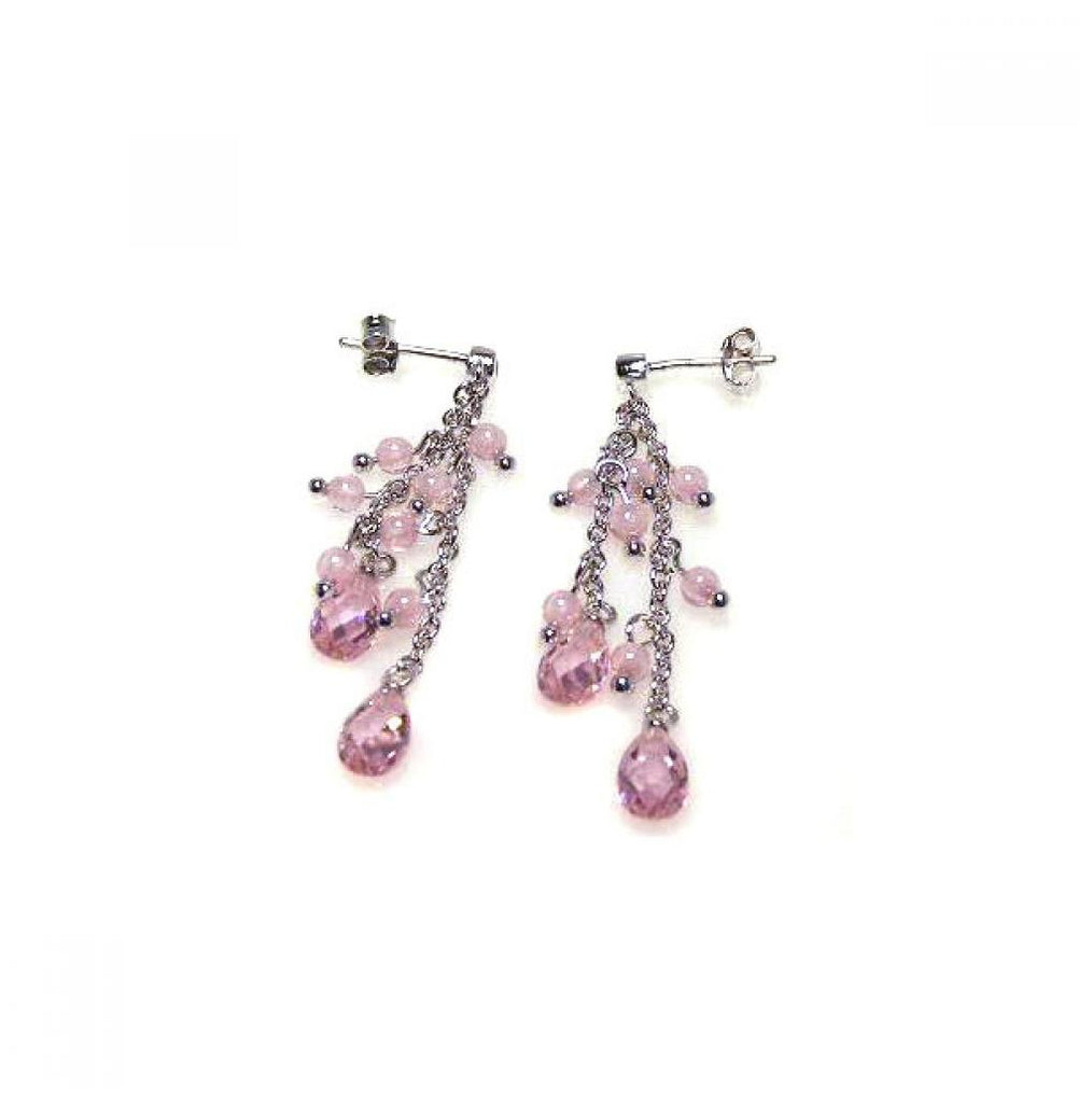 .925 Sterling Silver Rhodium Plated Pink Oval Cz Wire Dangling Earring