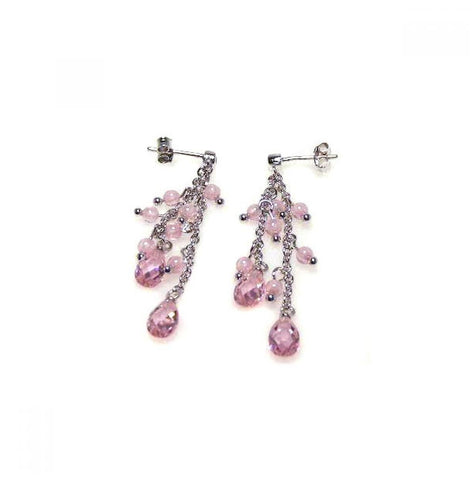 .925 Sterling Silver Rhodium Plated Pink Oval Cz Wire Dangling Earring