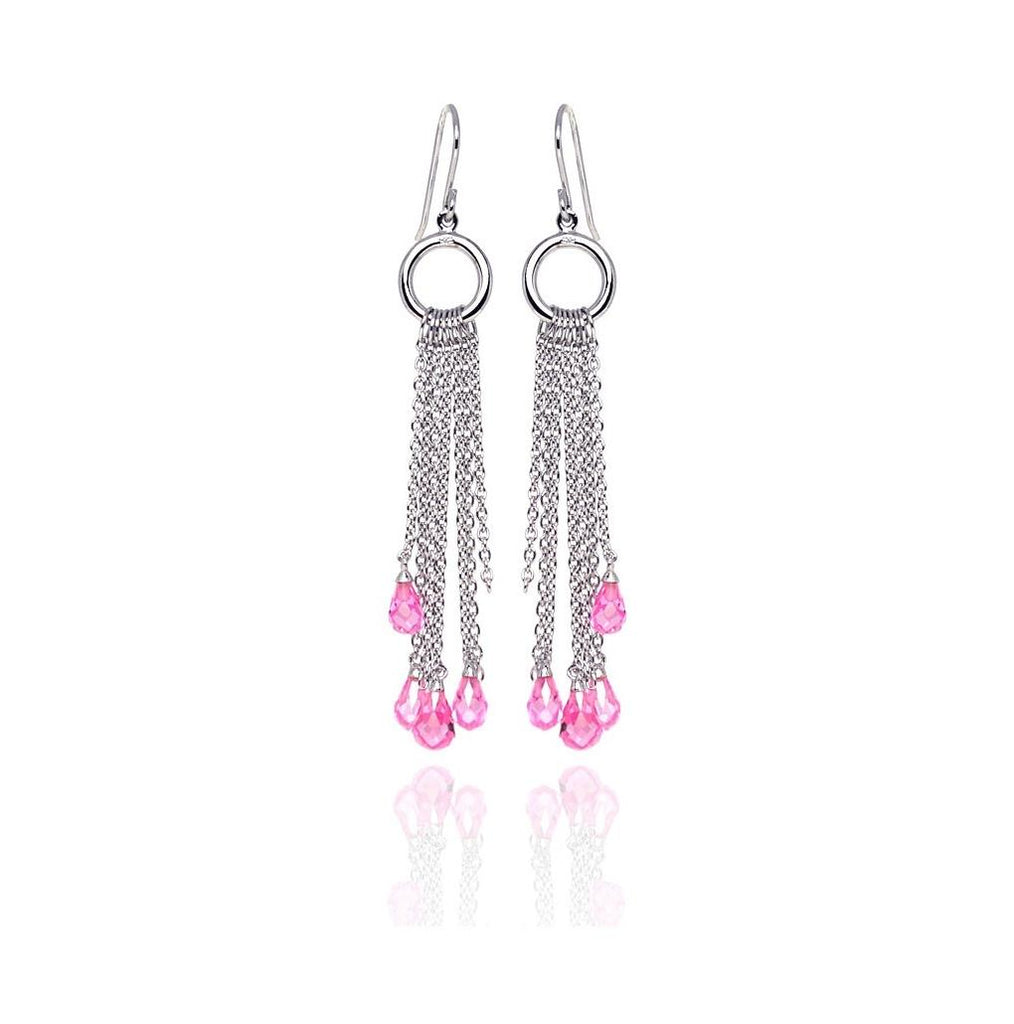 .925 Sterling Silver Rhodium Plated Pink Tear Drop Cz Multi Wire Dangling Hook Earring