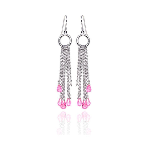 .925 Sterling Silver Rhodium Plated Pink Tear Drop Cz Multi Wire Dangling Hook Earring