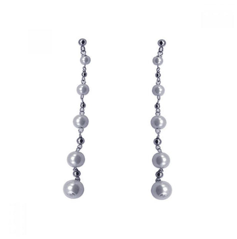 .925 Sterling Silver Rhodium Plated Five Graduated Pearl Dangling Earring