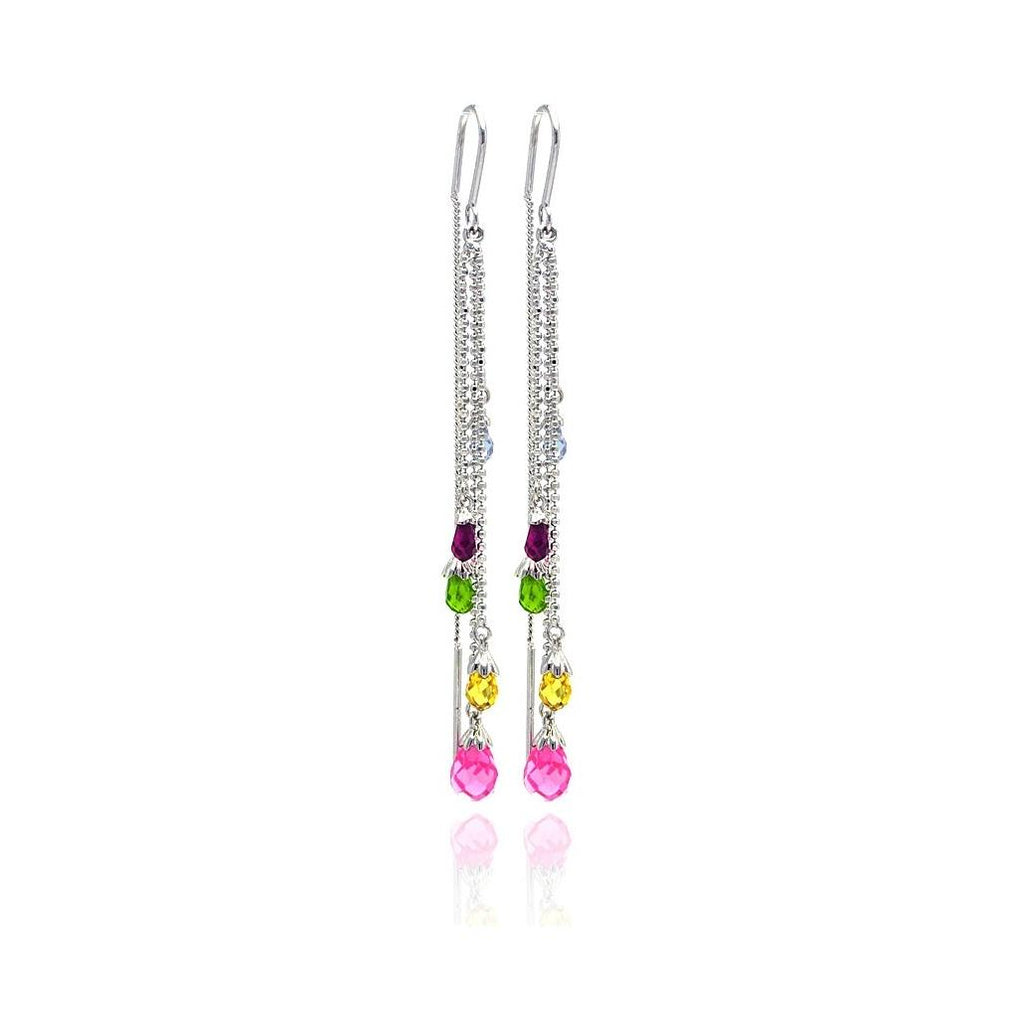 .925 Sterling Silver Rhodium Plated Purple Green Yellow Pink Cz Mulit Strand Dangling Hook Earring