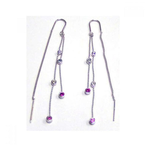 .925 Sterling Silver Rhodium Plated Pink & Violet Cz Two Strand Dangling Hook Earring