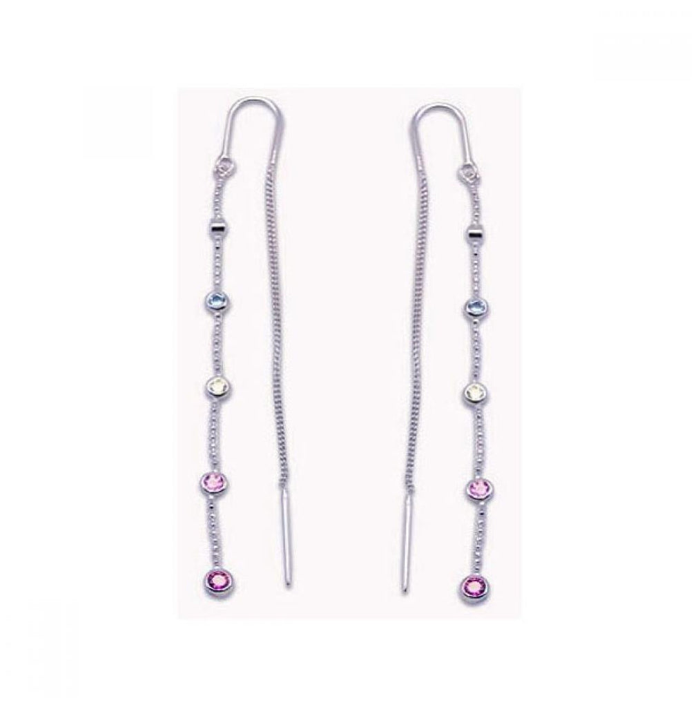 .925 Sterling Silver Rhodium Plated Mulitcolor Cz Single Strand Dangling Hook Earring