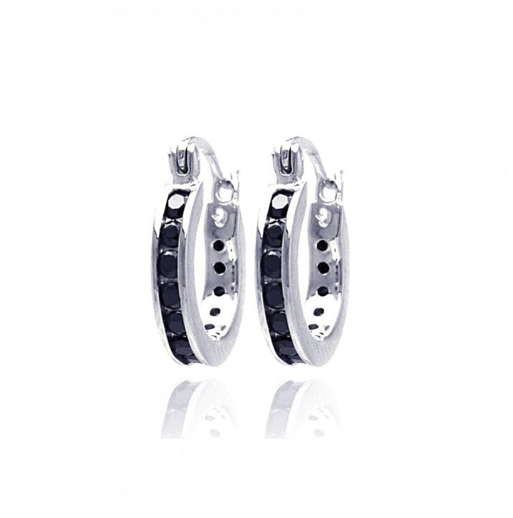 .925 Sterling Silver Rhodium Plated Black Cz Hoop Earring