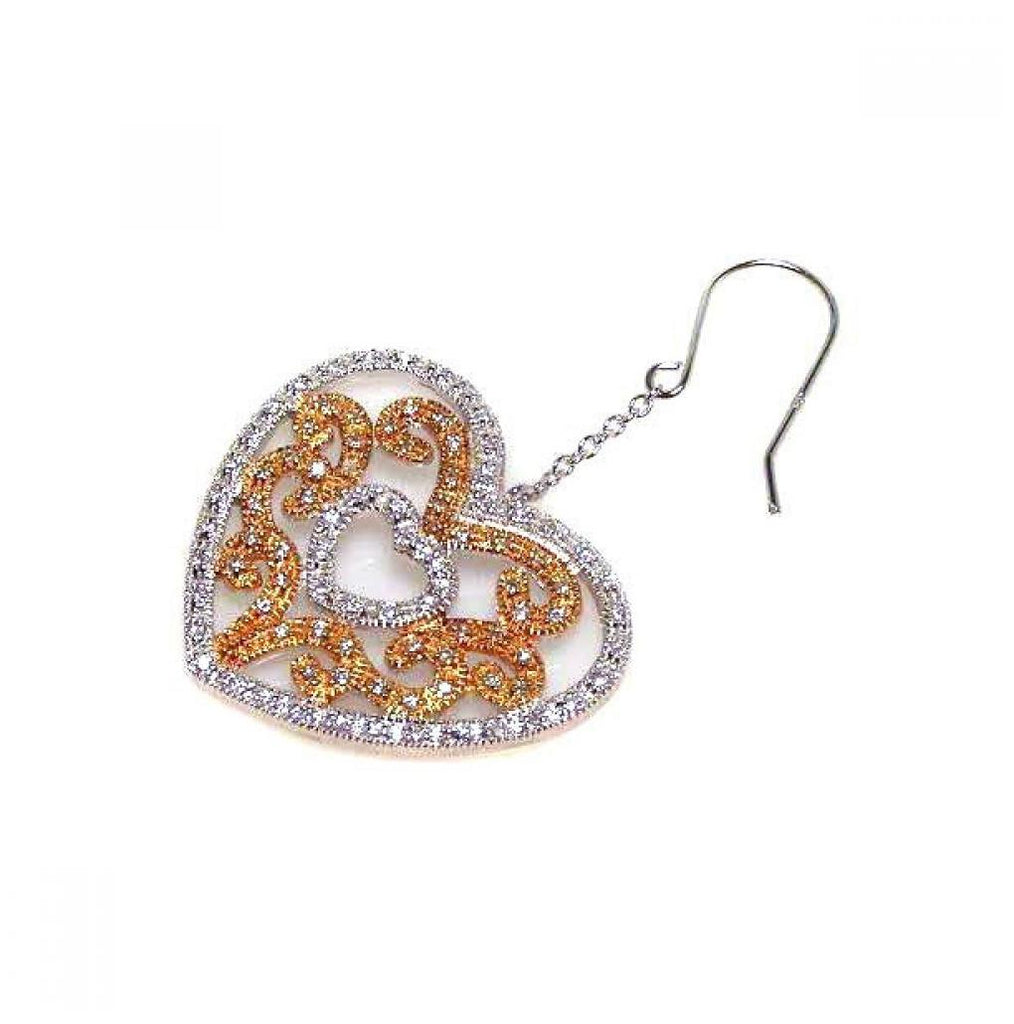 .925 Sterling Silver Rhodium Plated Clear Heart & Yellow Filigree Cz Wire Dangling Hook Earring