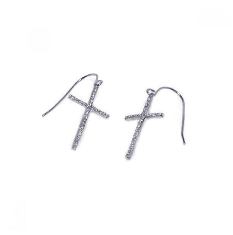 .925 Sterling Silver Rhodium Plated Cross Cz Dangling Hook Earring