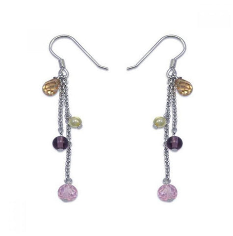 .925 Sterling Silver Rhodium Plated Mulitcolor Cz Wire Dangling Hook Earring