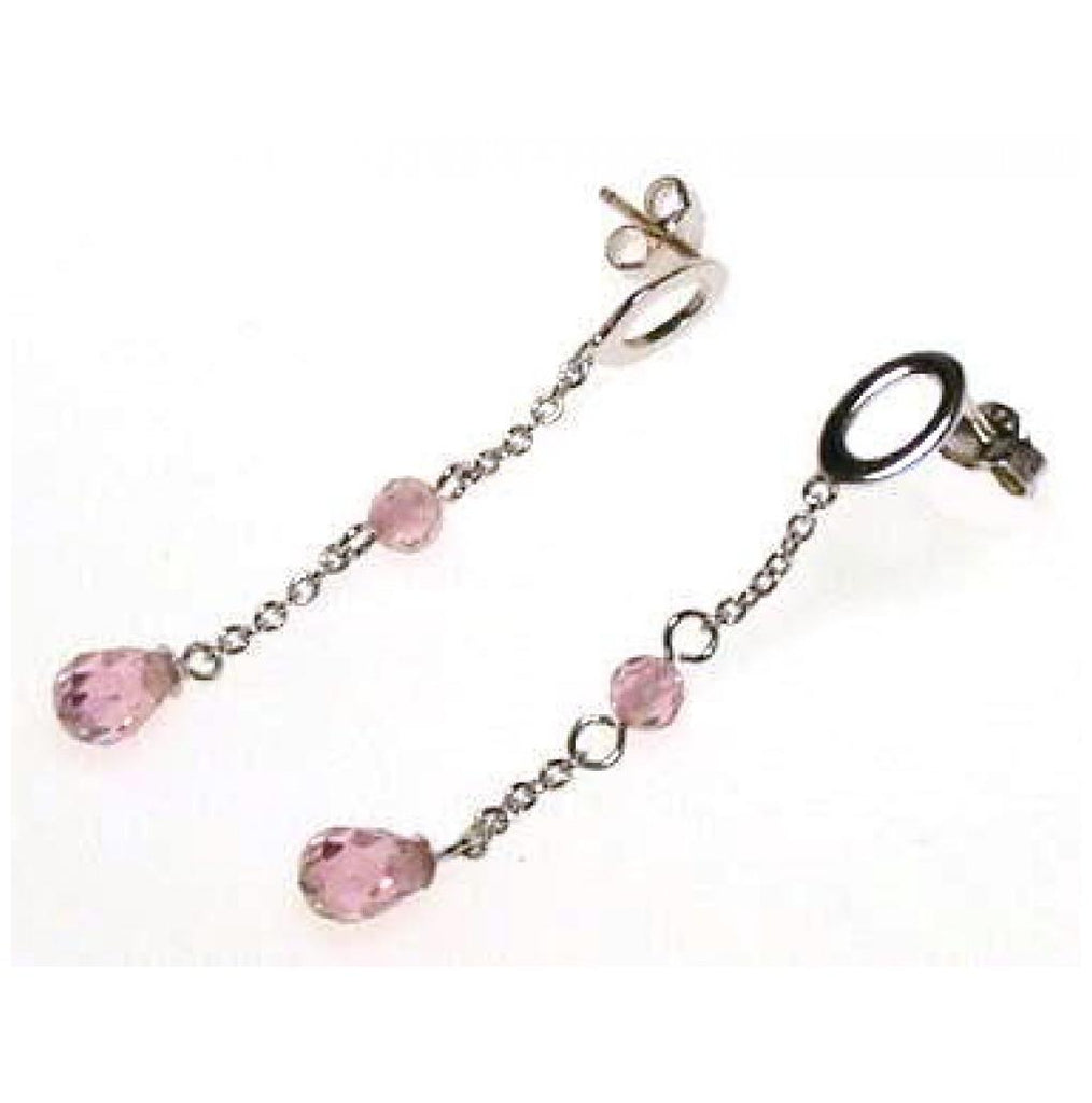 .925 Sterling Silver Rhodium Plated Round & Teardrop Pink Cz Dangling Stud Earring