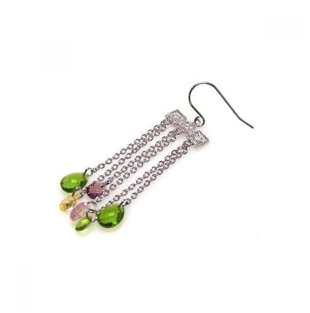 .925 Sterling Silver Rhodium Plated Multicolor Cz Wire Dangling Hook Earring