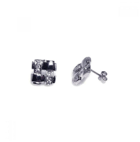 .925 Sterling Silver Rhodium Plated Weaved Square Cz Stud Earring