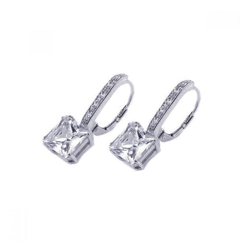 .925 Sterling Silver Rhodium Plated Square Cz Hook Earring