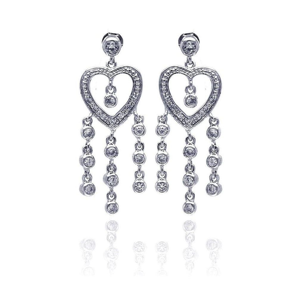 .925 Sterling Silver Rhodium Plated Heart Cz Three Strand Dangling Earring