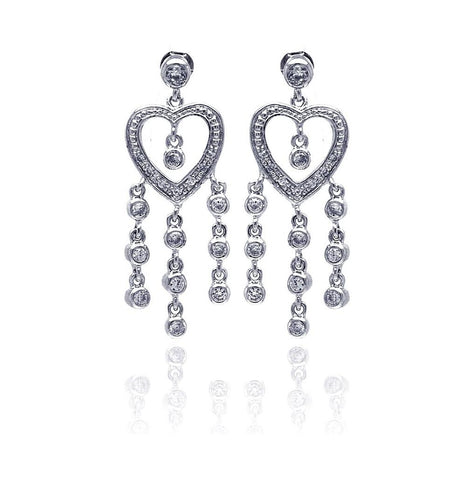 .925 Sterling Silver Rhodium Plated Heart Cz Three Strand Dangling Earring