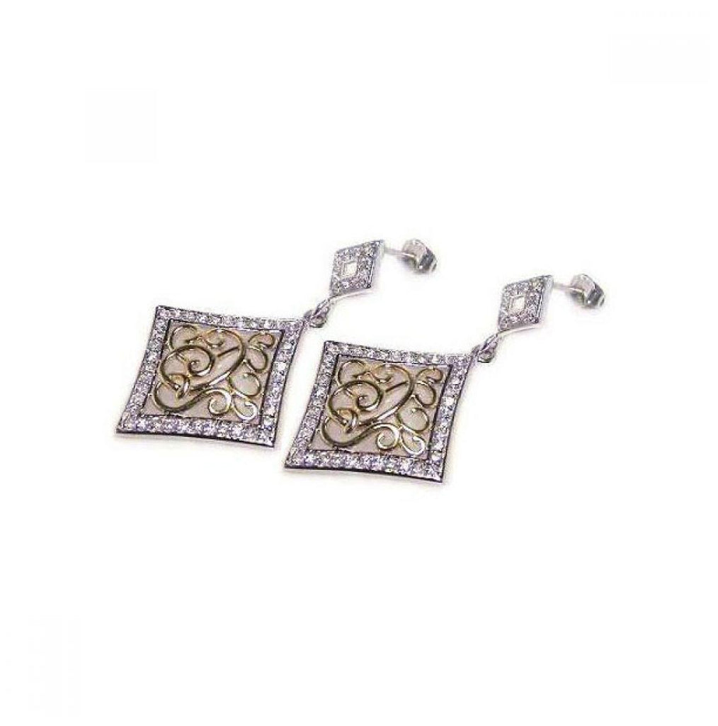 .925 Sterling Silver Rhodium Plated Square Cz Filigree Dangling Earring