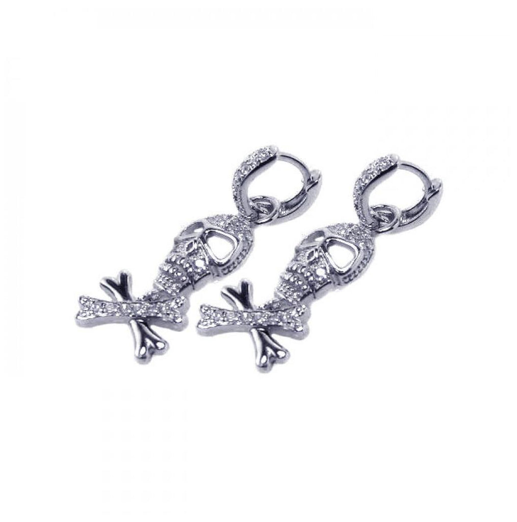 .925 Sterling Silver Rhodium Plated Bone & Skull Cz Dangling Earring