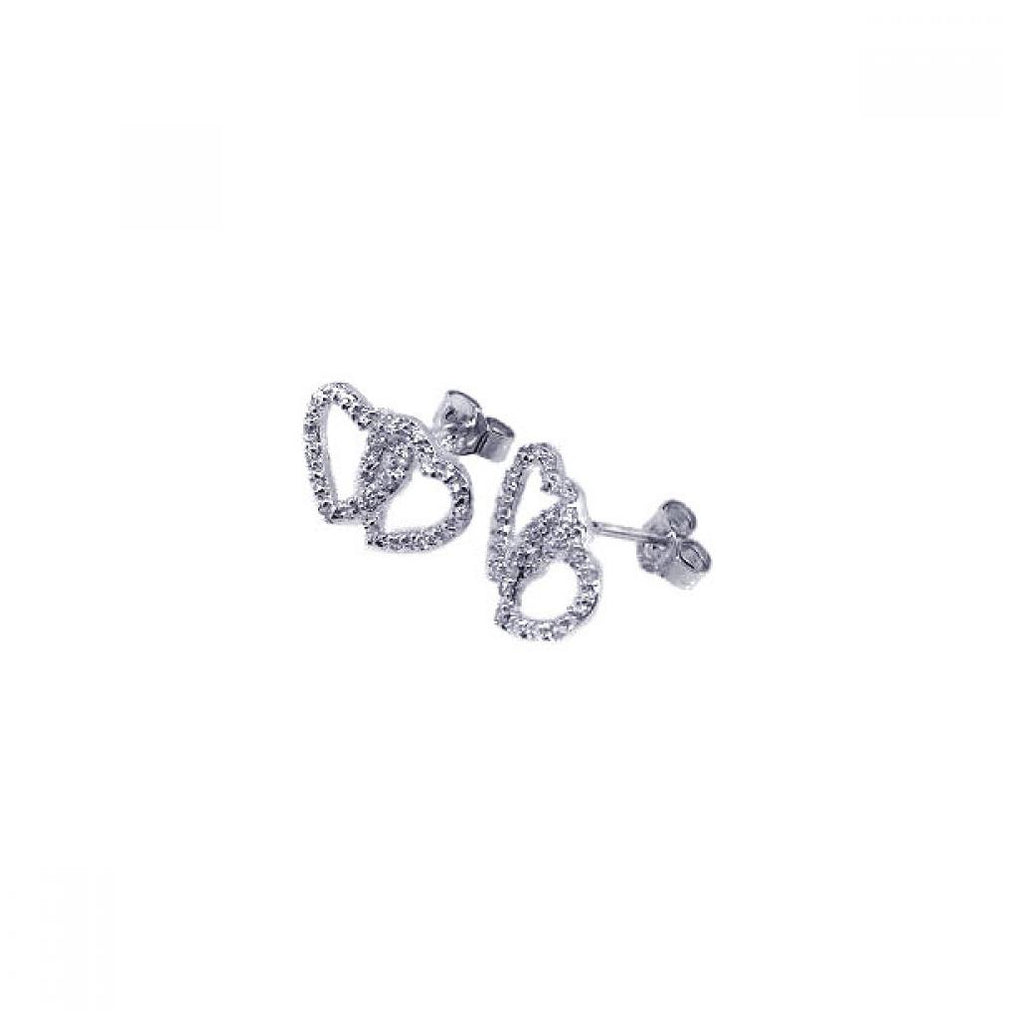 .925 Sterling Silver Rhodium Plated Two Heart Cz Post Earring