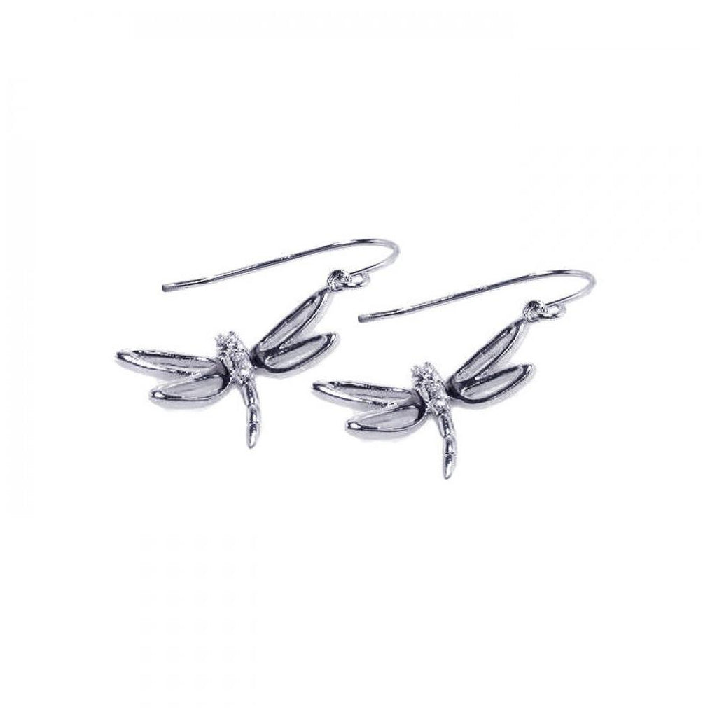 .925 Sterling Silver Rhodium Plated Dragonfly Cz Hook Earring