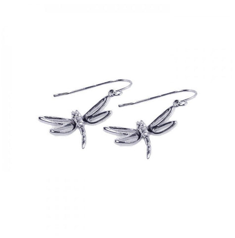 .925 Sterling Silver Rhodium Plated Dragonfly Cz Hook Earring