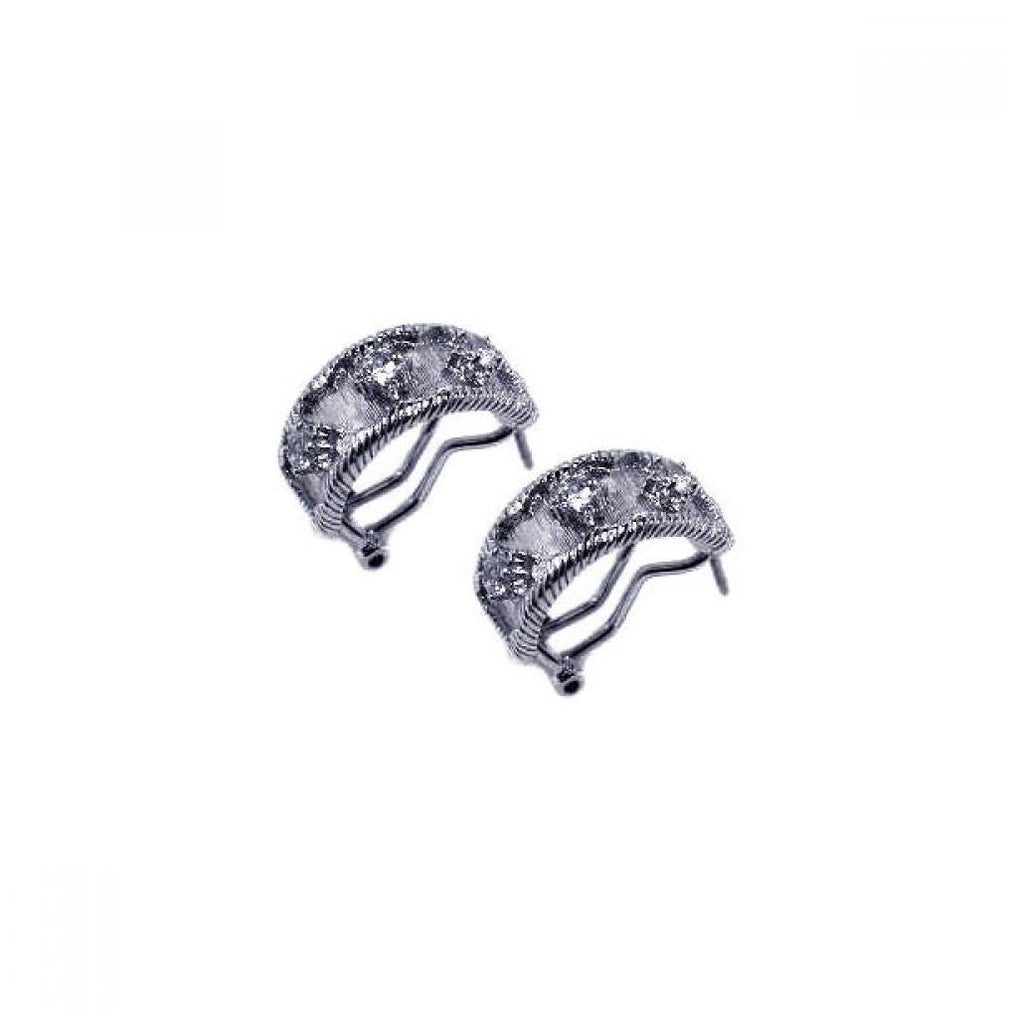 .925 Sterling Silver Rhodium Plated Three Round Cz Half Cirlce Stud Earring