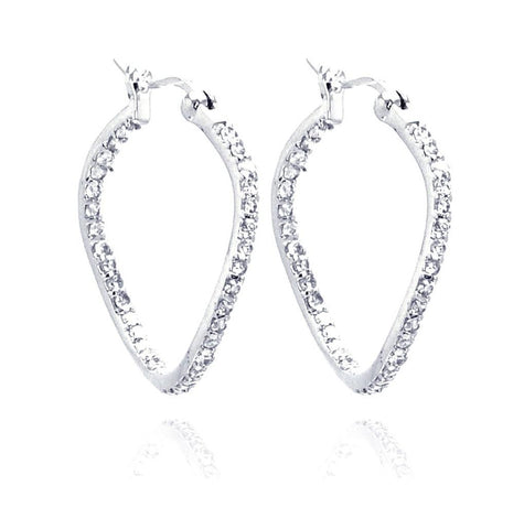 .925 Sterling Silver Rhodium Plated Cz Wavy Hoop Earring