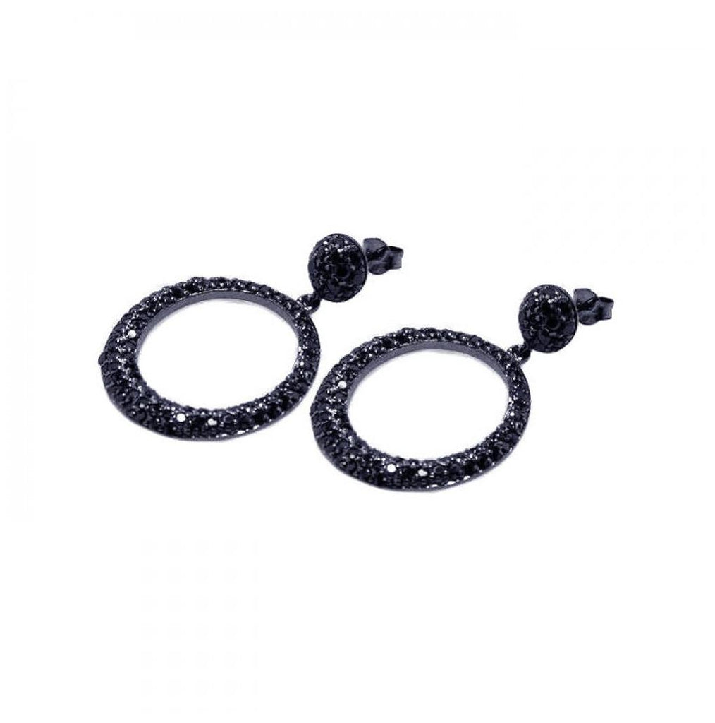 .925 Sterling Silver Black Rhodium Plated Round Black Cz Dangling Earring