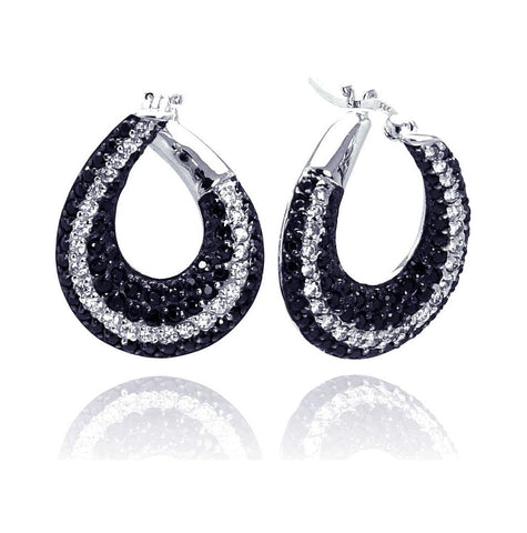 .925 Sterling Silver Black & Silver Rhodium Plated Teardrop Cz Hoop Earring