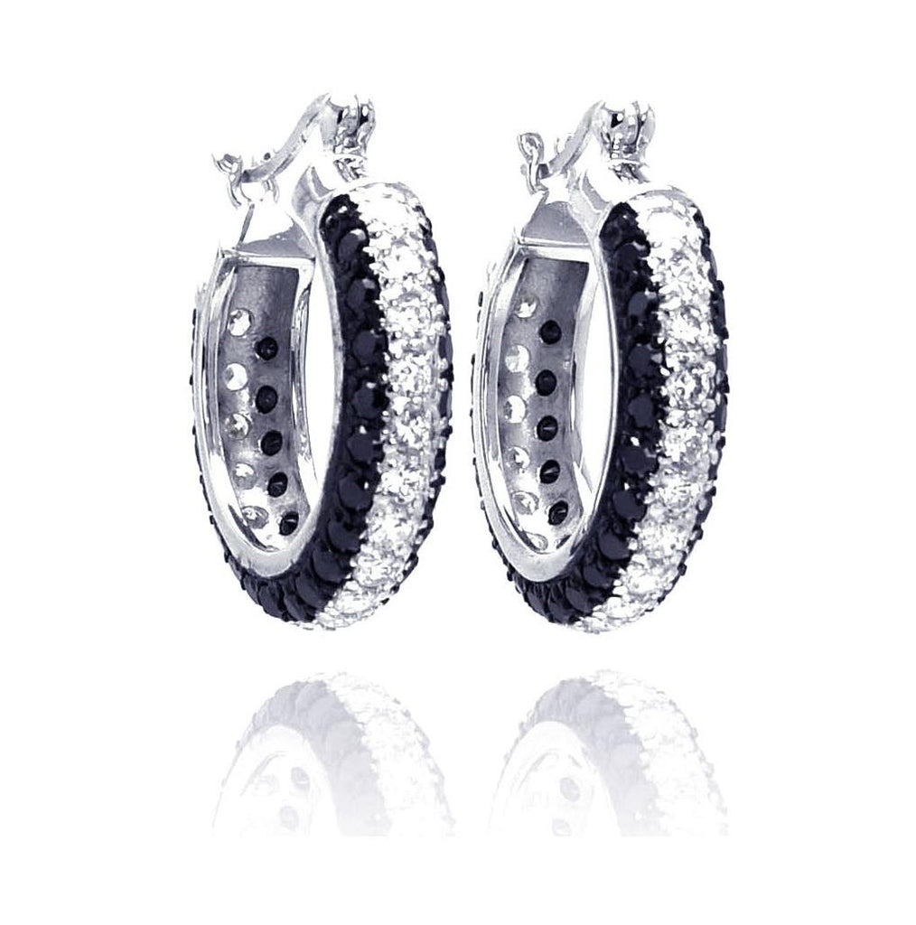 .925 Sterling Silver Rhodium Plated Round Silver & Black Cz Hoop Earring