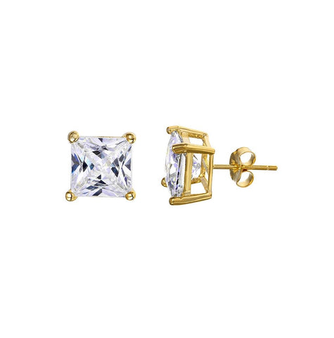 .925 Sterling Silver Gold Plated Princess Cut Cz Stud Earrings 8mm