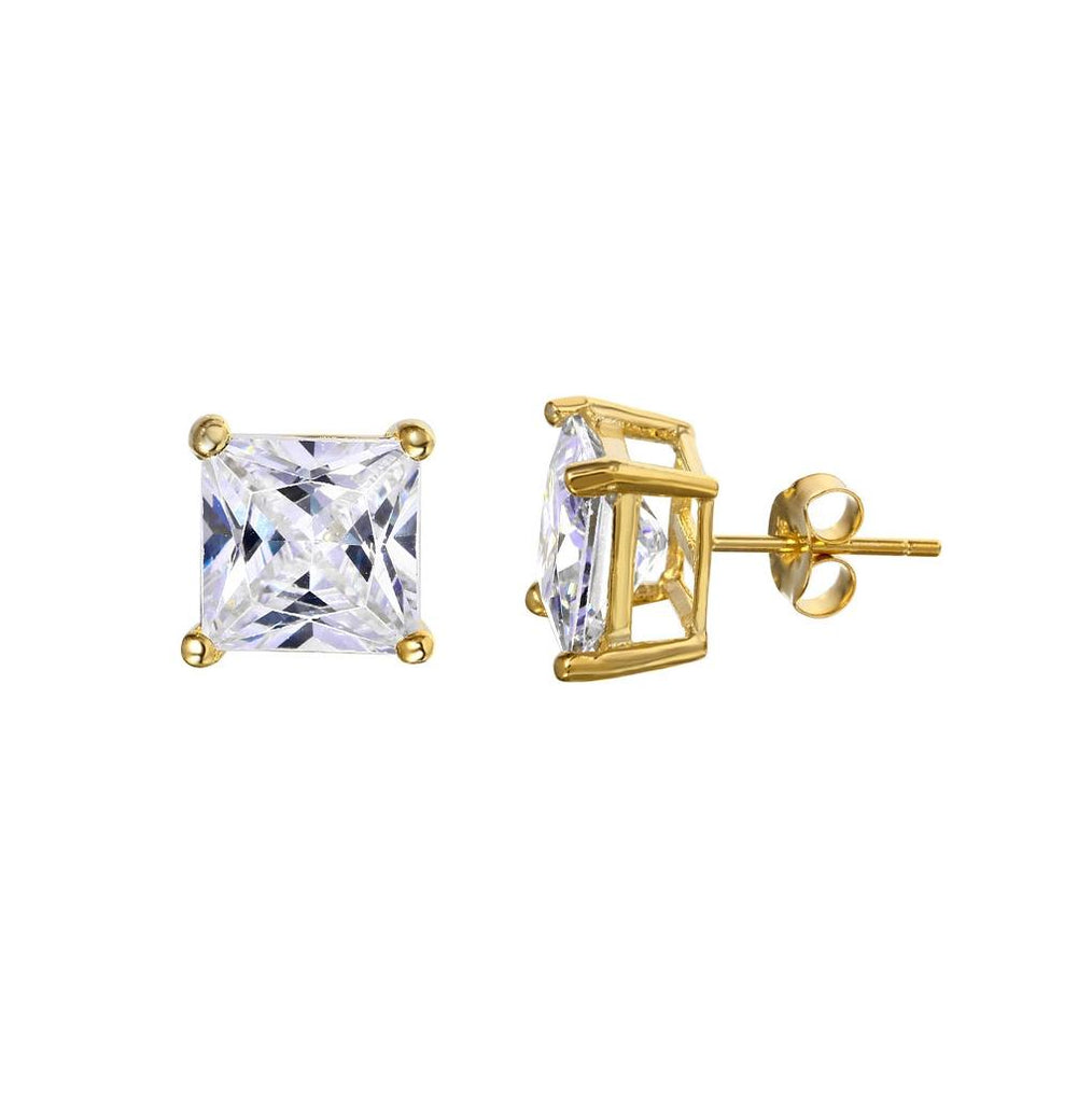 .925 Sterling Silver Gold Plated Princess Cut Cz Stud Earrings 9mm