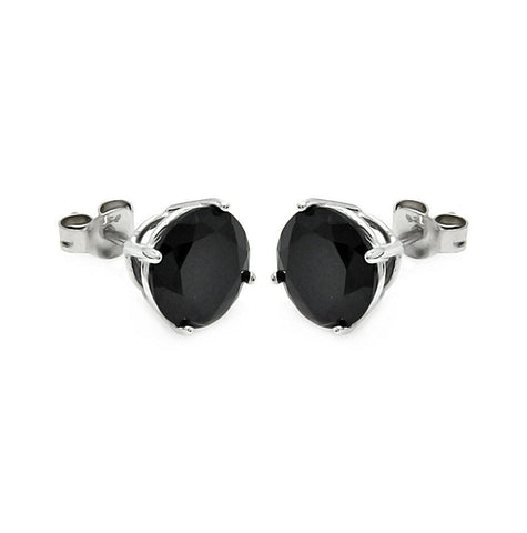 .925 Sterling Silver Rhodium Plated Round Black Cz Stud Earring -9mm