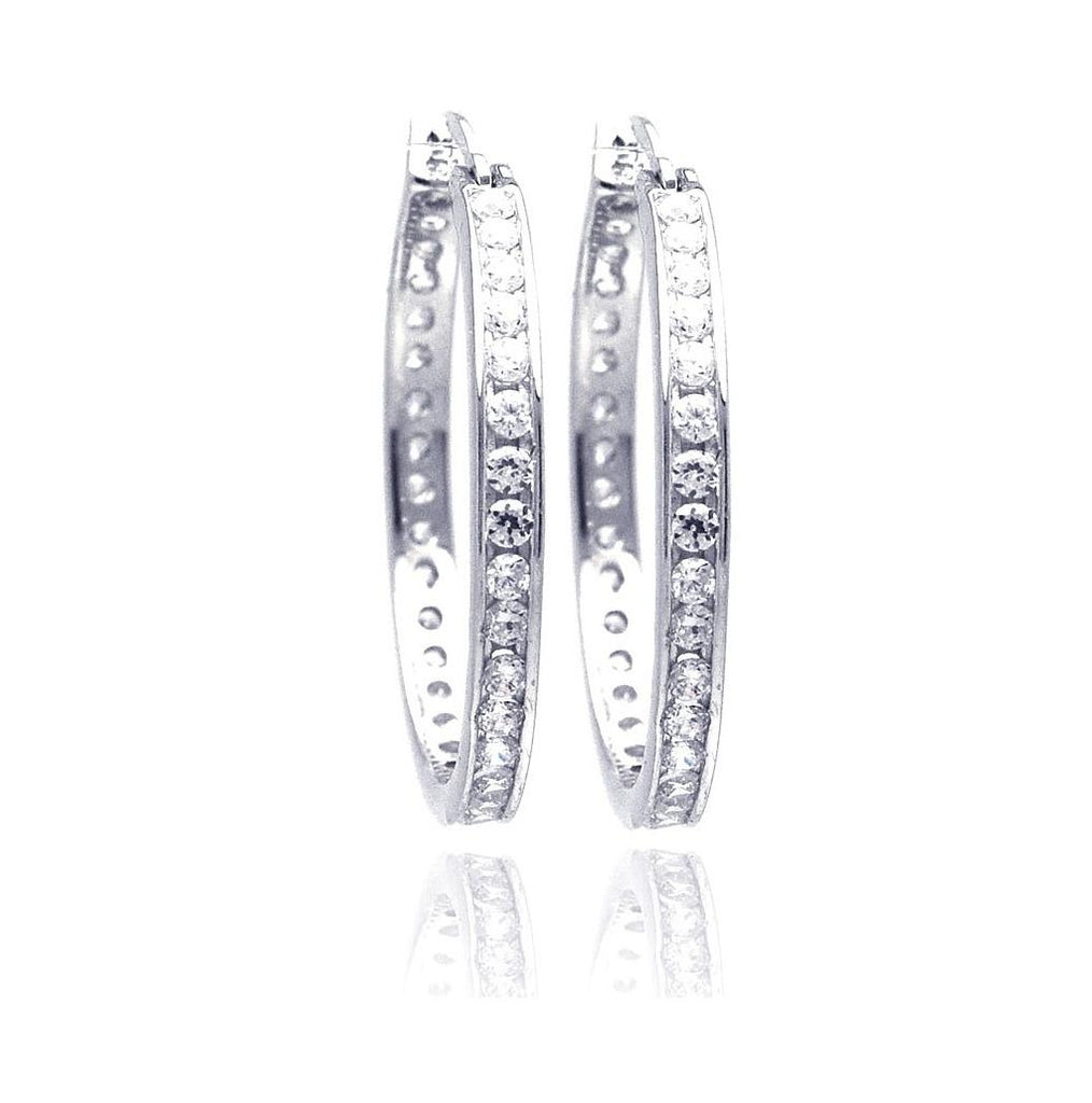 .925 Sterling Silver Rhodium Plated Round Clear Cz Hoop Earring