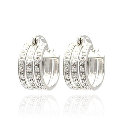 .925 Sterling Silver Rhodium Plated 3 Row Hoop Earrings