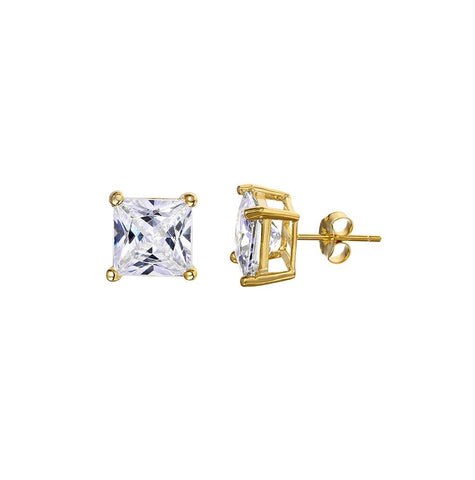 .925 Sterling Silver Gold Plated Princess Cut Cz Stud Earrings 7mm