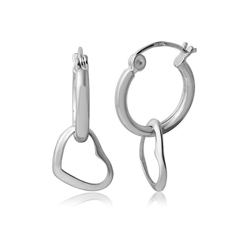 .925 Sterling Silver Rhodium Plated Hoop Earring With Hanging Open Heart