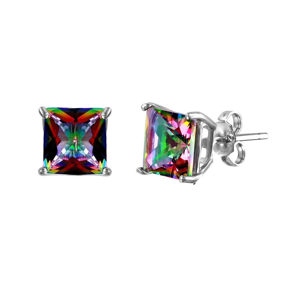 .925 Sterling Silver Rhodium Plated Square Abd Cz Basket Set Studs