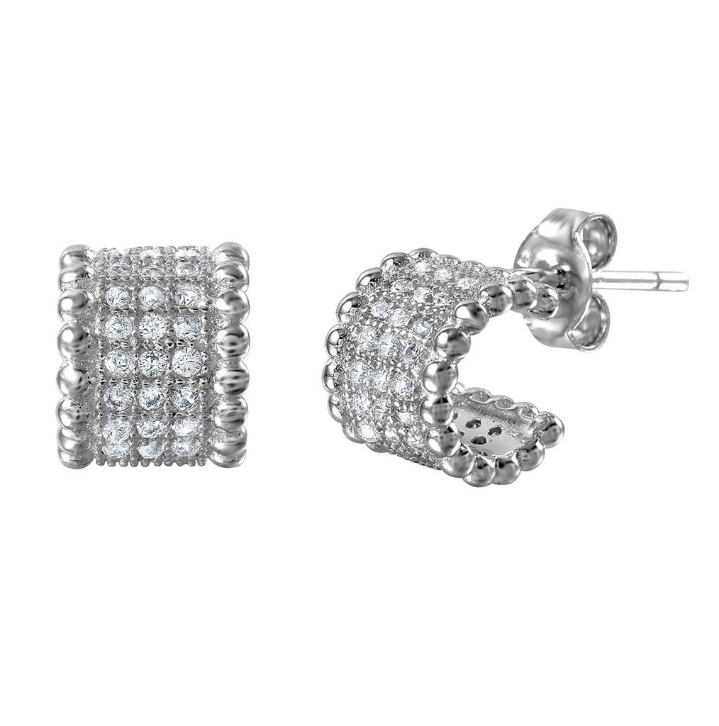 .925 Sterling Silver Rhodium Plated Semi Hoop Earring With Cubic Zirconia Stones