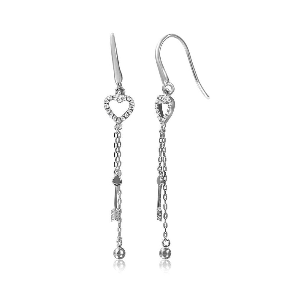 .925 Sterling Silver Rhodium Plated Fish Hoop Hanging Heart With Strands Earrings