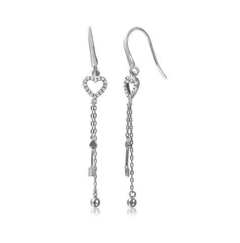 .925 Sterling Silver Rhodium Plated Fish Hoop Hanging Heart With Strands Earrings