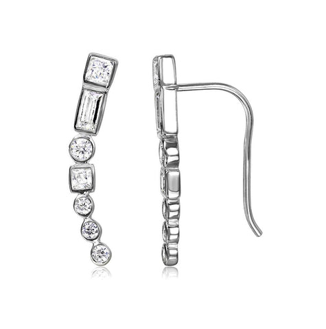 .925 Sterling Silver Rhodium Plated Baguette And Round Cz Climbing Earrings