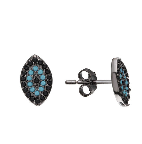 .925 Sterling Silver Black Rhodium Evil Eye Earrings With Black Cz And Turquoise Stones