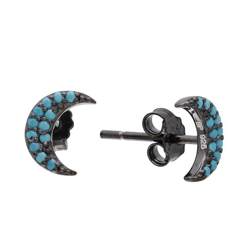 .925 Sterling Silver Black Rhodium Plated Half Moon Turquoise Stone Earrings