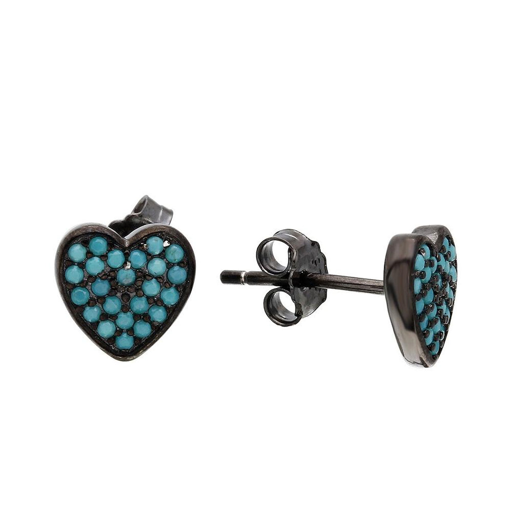 .925 Sterling Silver Black Rhodium Plated Heart Earrings With Turquoise Stones