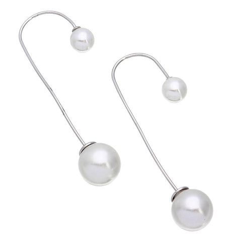 .925 Sterling Silver Rhodium Plated Hanging Synthetic Pearl Beaded Hook Earrings