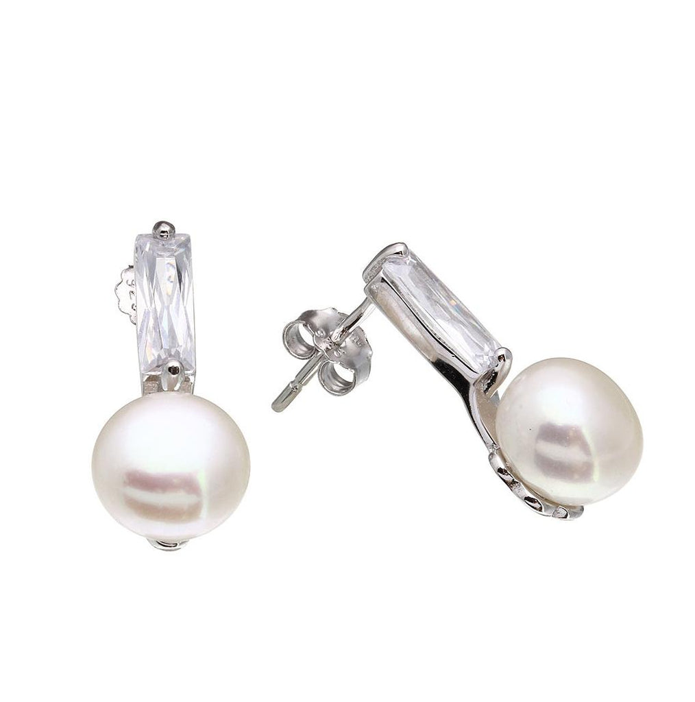 .925 Sterling Silver Rhodium Plated Cz And Fresh Water Pearls Earrings