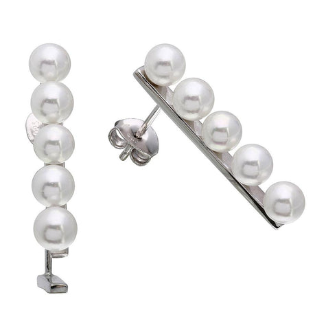 .925 Sterling Silver Rhodium Plated Bar With Synthetic Pearls Earrings