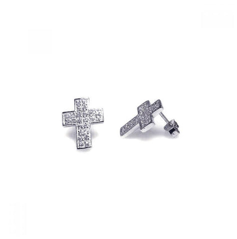 .925 Sterling Silver Rhodium Plated Cross Micro Pave Clear Cz Stud Earring