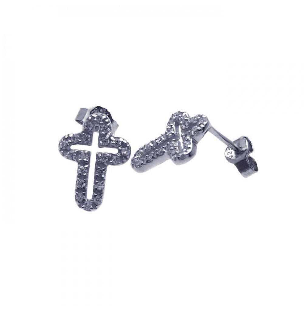 .925 Sterling Silver Rhodium Open Cross Plated Clear Cz Stud Earring