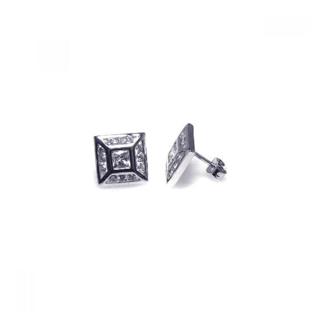 .925 Sterling Silver Rhodium Plated Square Clear Stud Earring